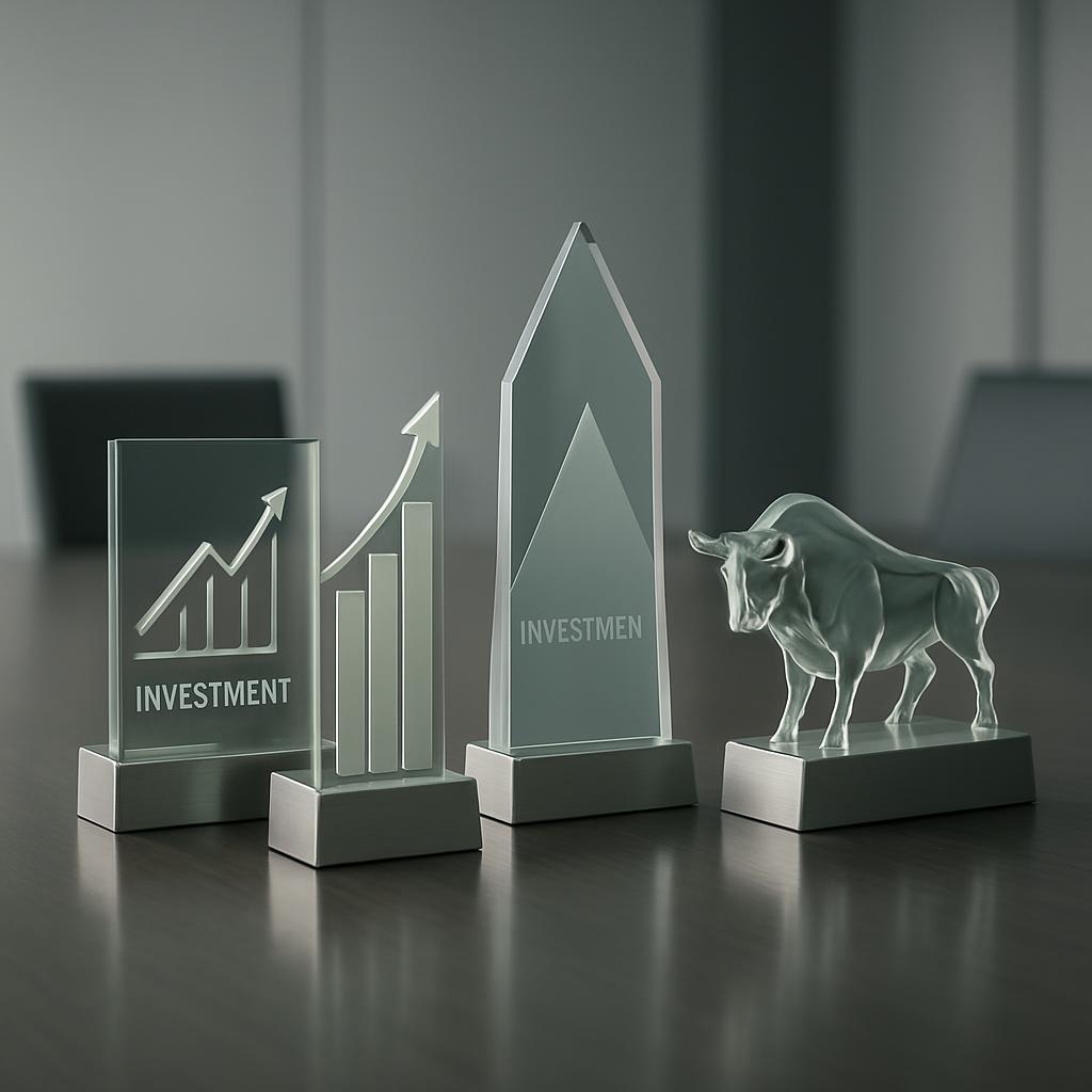 Investment trends glass awards arrangement featuring an up-trend chart, a bar diagram and bull figurine on black tabletop ...