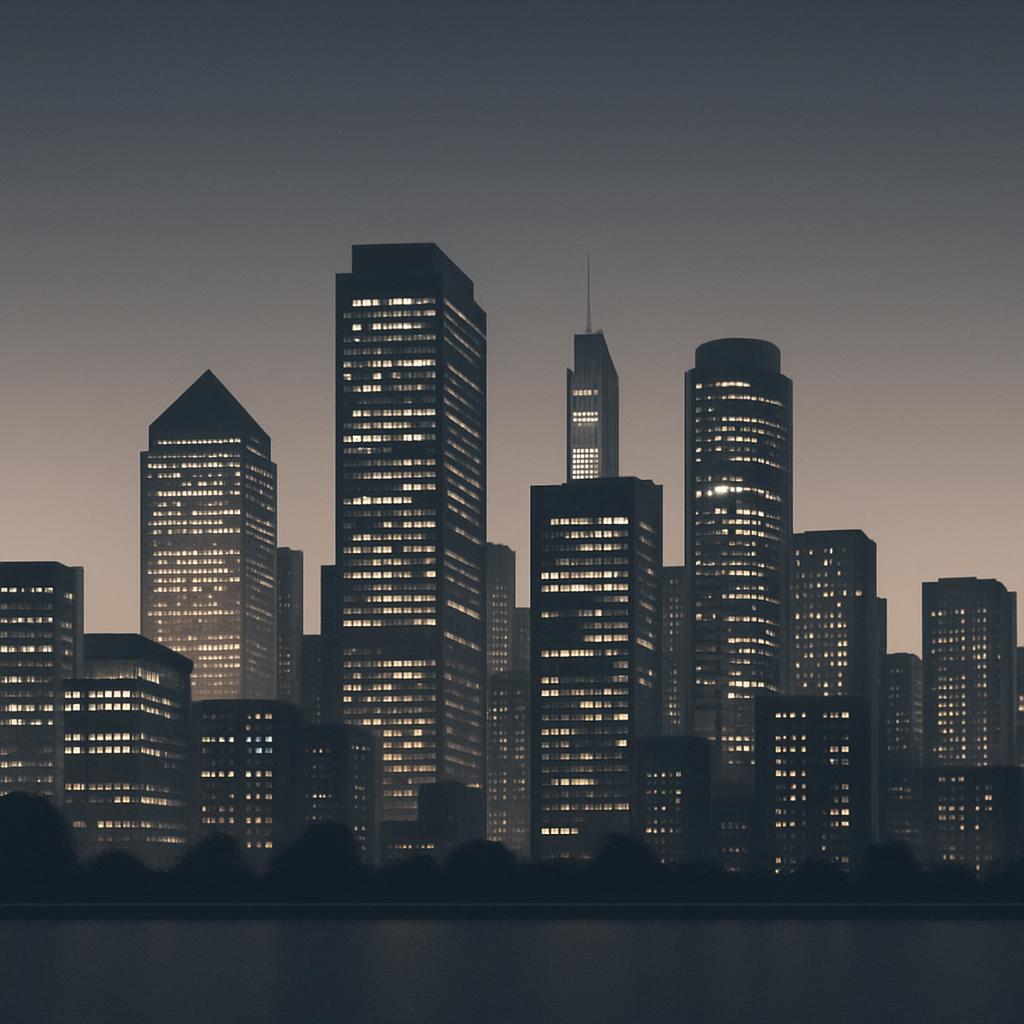 A cityscape with dark skyscrapers and no moon, as the sun sets behind them.